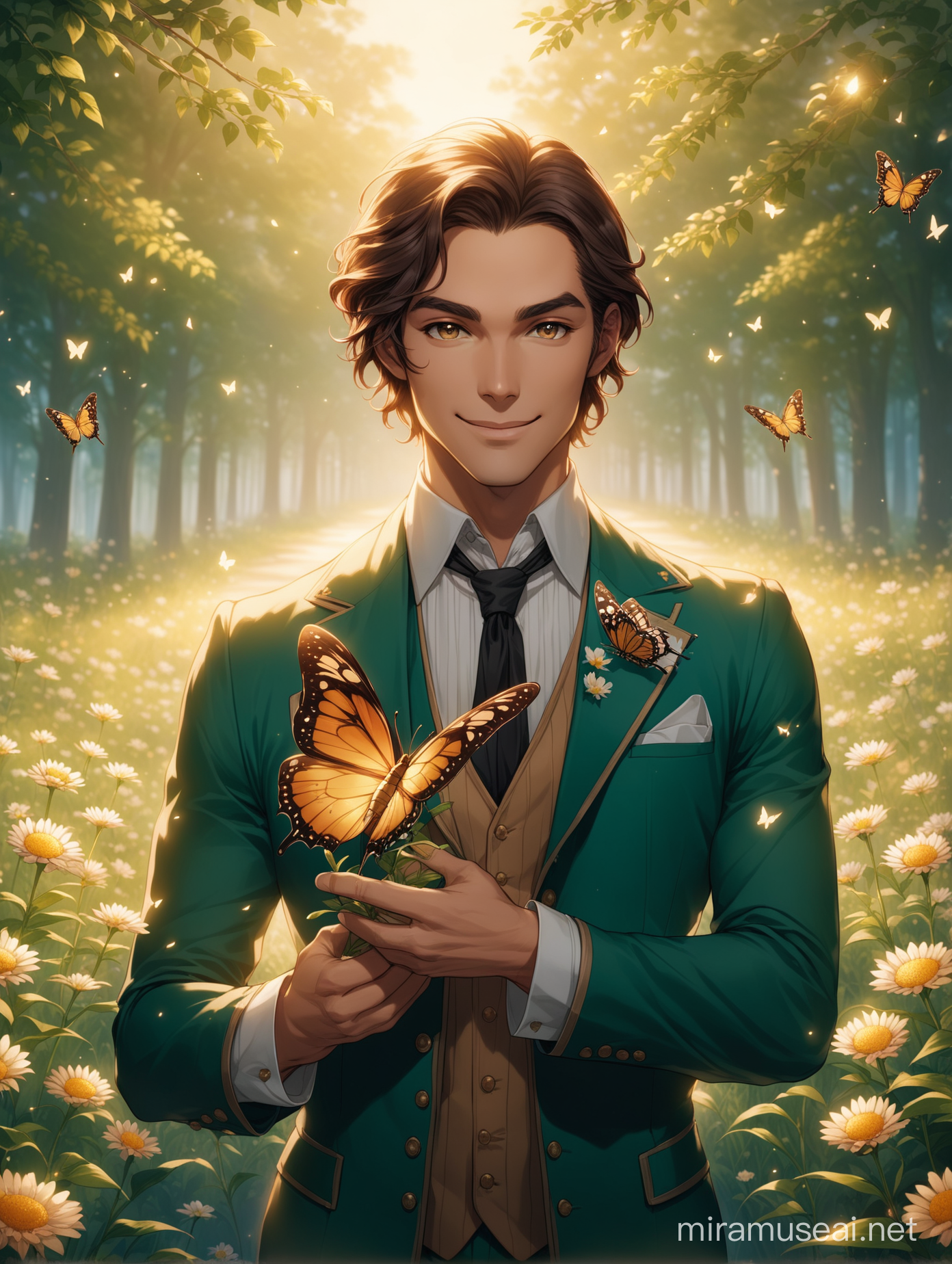 an anthropomorphic butterfly men actor, flowers in hand, cinematic