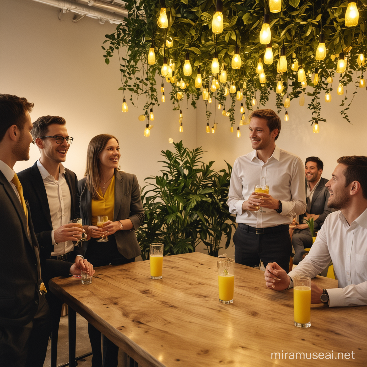 5-6 business people talking, holding drinks. In the background theres a meeting roome, people standing, talking. Theres plants, and yellow hanging lights.