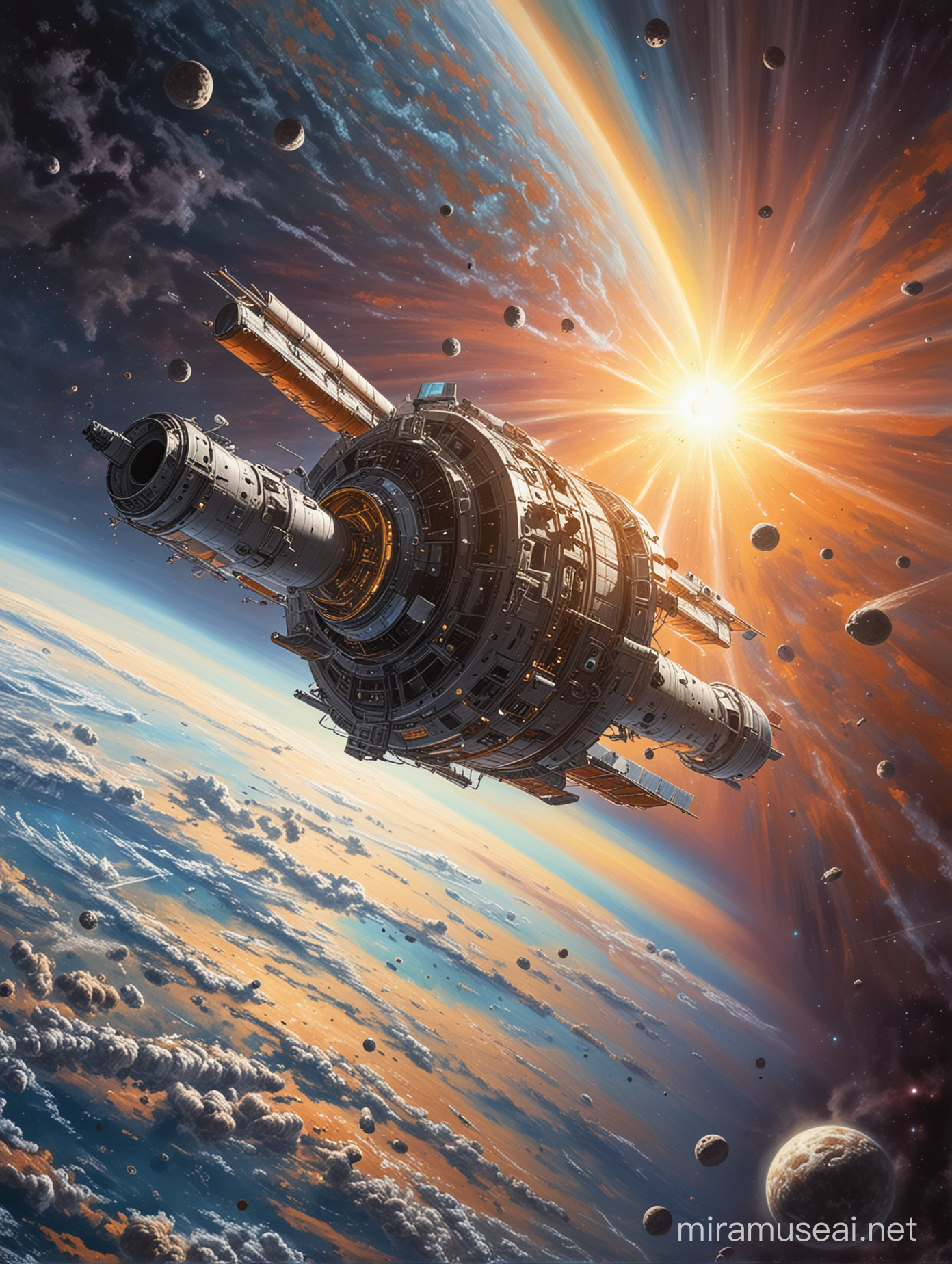 Highly detailed painting, wide view fron one side, an enormous space station having the shape of a rubber ring is floating above the Earth, in the background the Sun is rising from behind the Earth, a supply rocket approaches the space station from below, the space station is smoothly metallic with rings of portholes and alien symbols marked on it, use muted pastel colors only, high quality