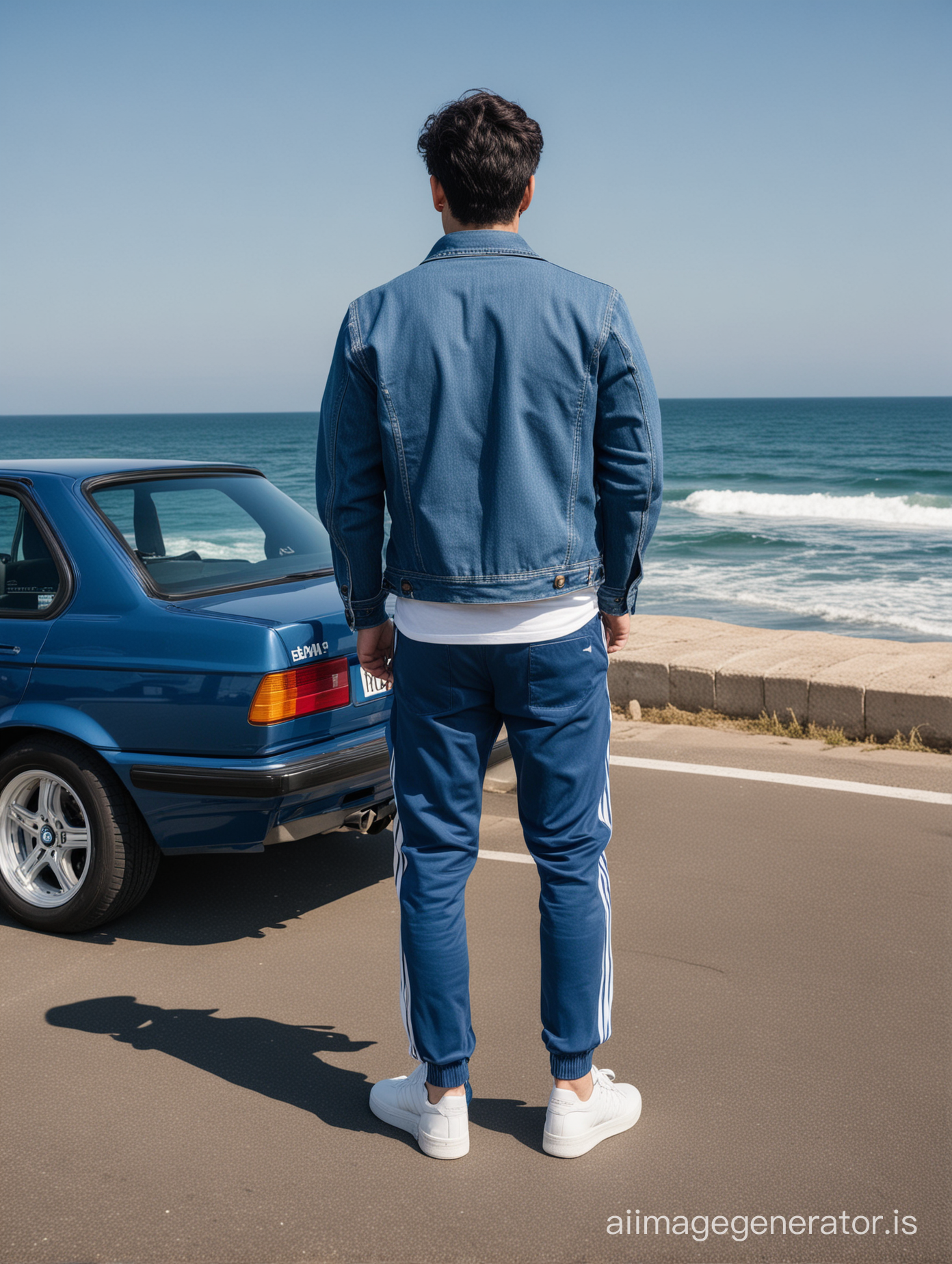 back  view of a man in a denim jacket , blue adidas training pants and white sneakers with short dark hair beside a very dark blue BMW 320i e30 classic  in front of the sea