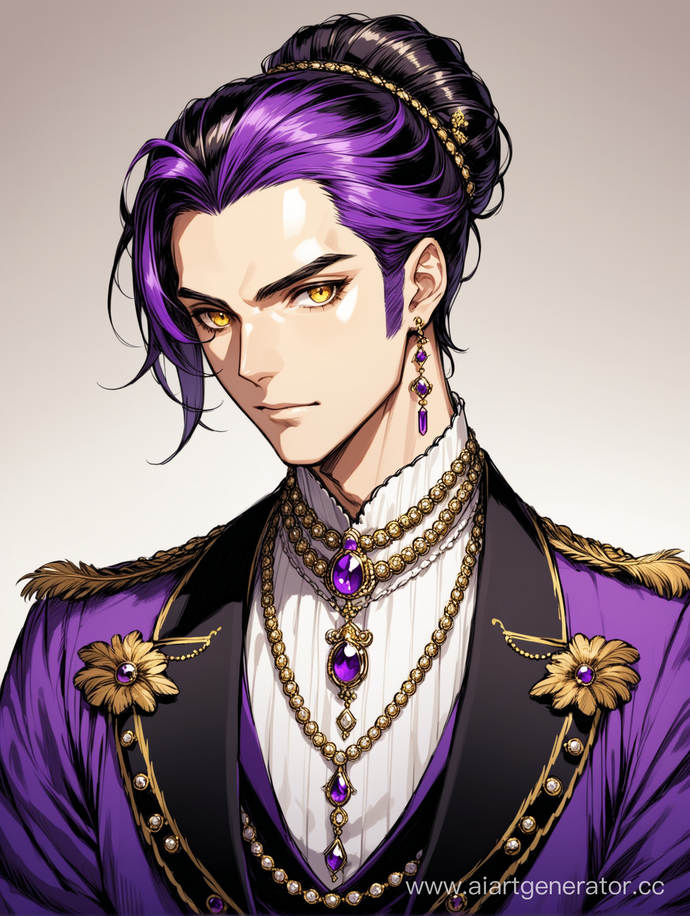 парень, золотые глаза, черно-фиолетовая палитра, перья, аристократ, много украшений, волосы собраны в прическу