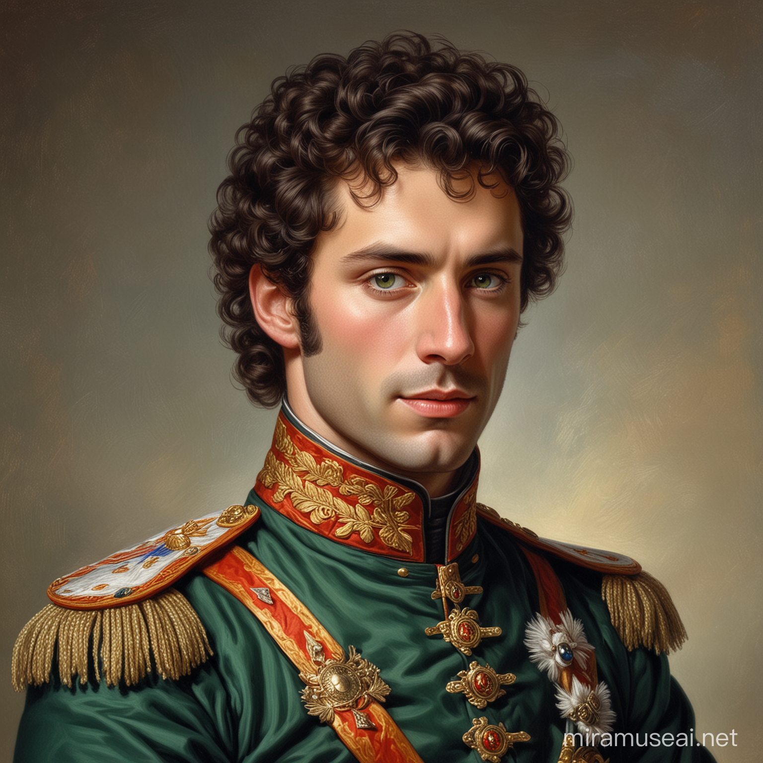 19th Century Hussar Portrait with Dark Curly Hair and Green Eyes