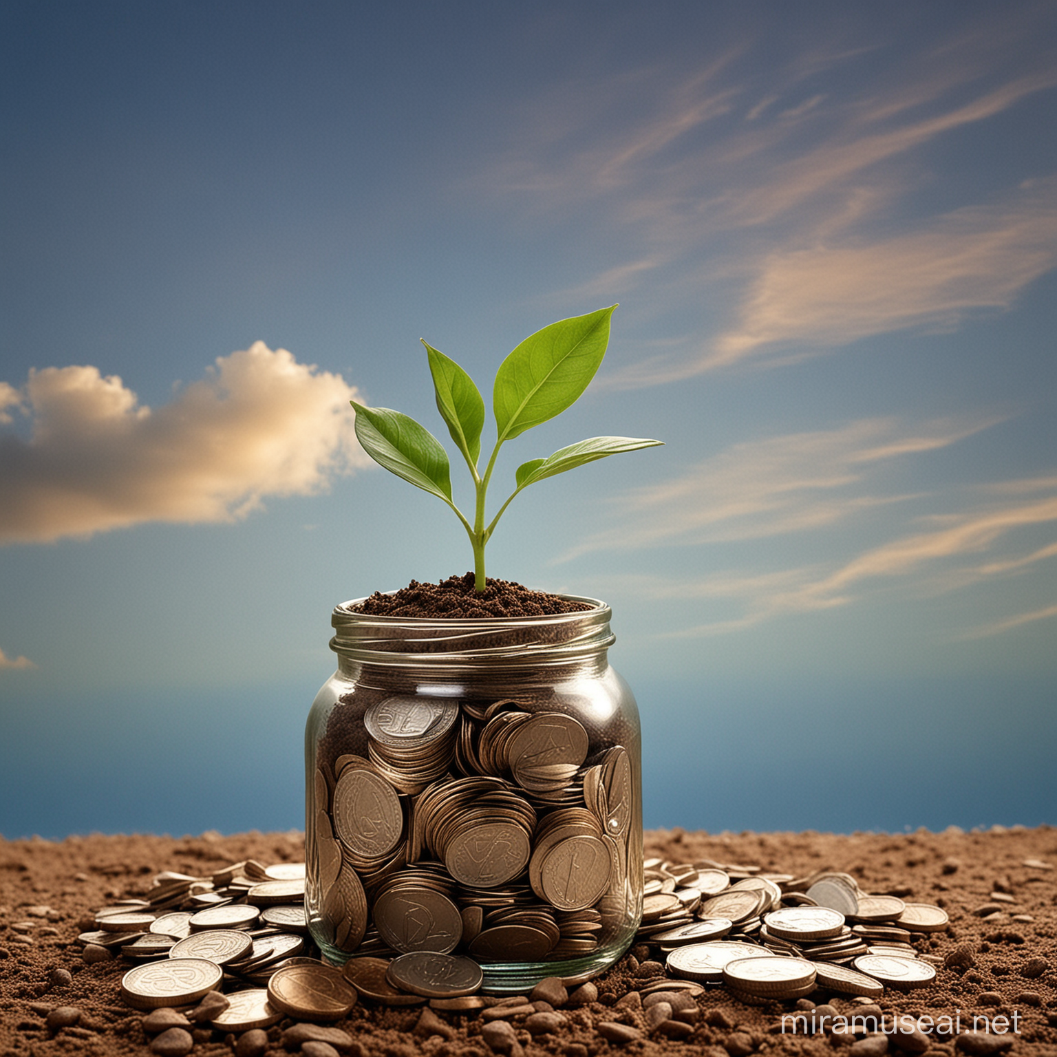  Imagine a visual metaphor for financial growth and sustainability. A small plant sprouts from a clear glass jar filled with coins and bills, symbolizing investment and the nurturing of wealth. The jar sits on top of a cross-section of soil, showcasing layers of earth and grass, hinting at the organic growth of assets. Around the jar, more coins are scattered on the ground, perhaps signifying lost or unused potential. The background is a serene sky, transitioning from the clear blue of a hopeful day to the soft hues of dawn or dusk, suggesting the passage of time in the journey of financial growth. This image is a creative representation of the concept 'money doesn't grow on trees,' but with care and patience, financial prosperity can flourish like a well-tended garden. The whole composition is vibrant and filled with hope, rendered in high detail, suggesting that through diligent savings and investments, one's financial goals can be achieved.