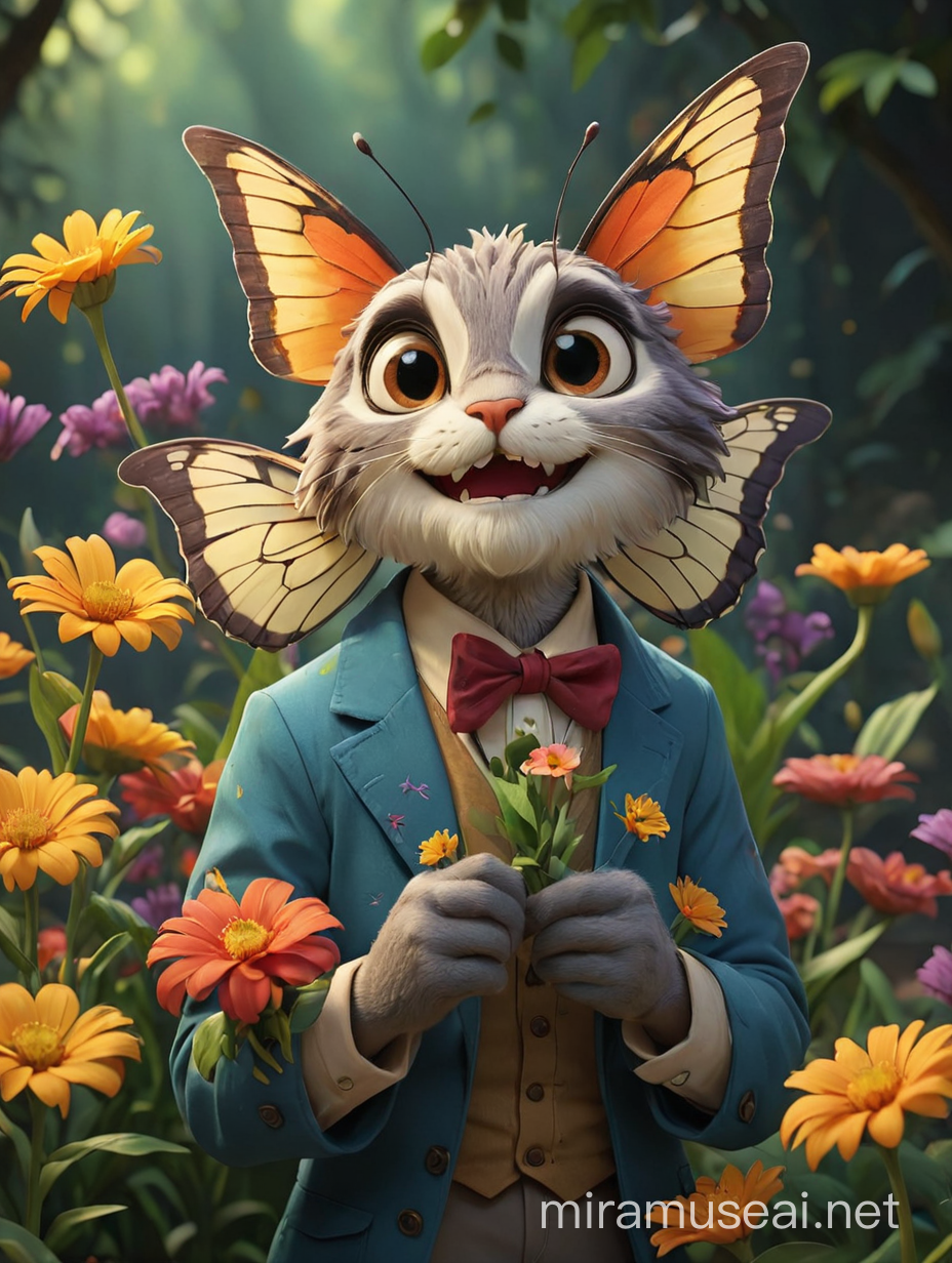 an anthropomorphic butterfly actor, flowers in hand, cinematic