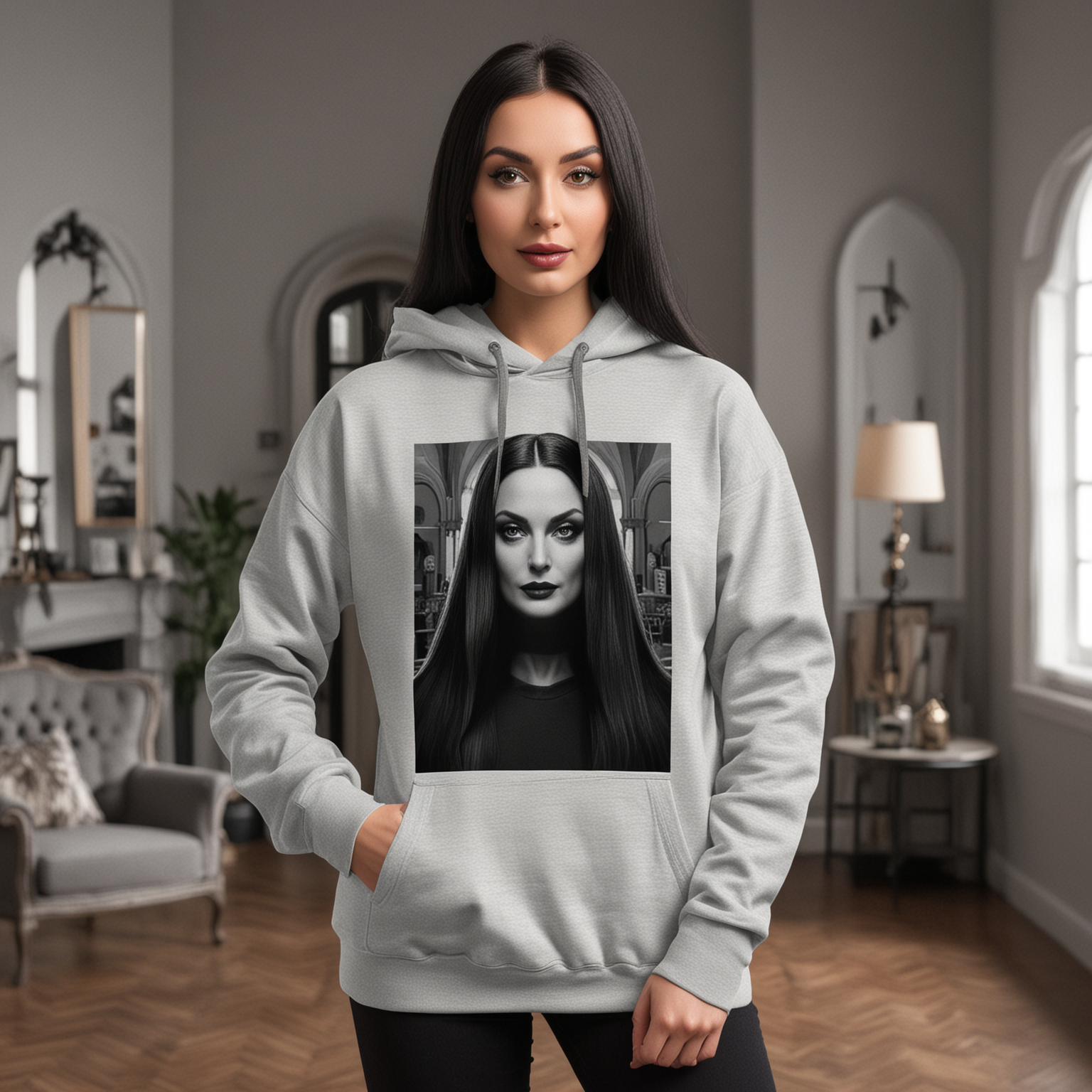 a mockup for a hather grey hoodie.  the model should be female and resemble morticia adams.  the background of the photo should resemble the addams family house