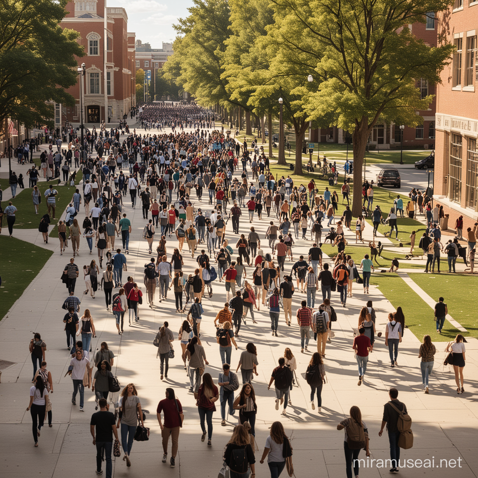 A bustling college campus with students rushing to classes and engaging in various activities