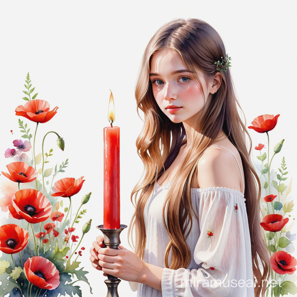 Свечка белая, красный мак, полевые цветы, девушка с длинными волосами, интерьер, белый фон, акварель