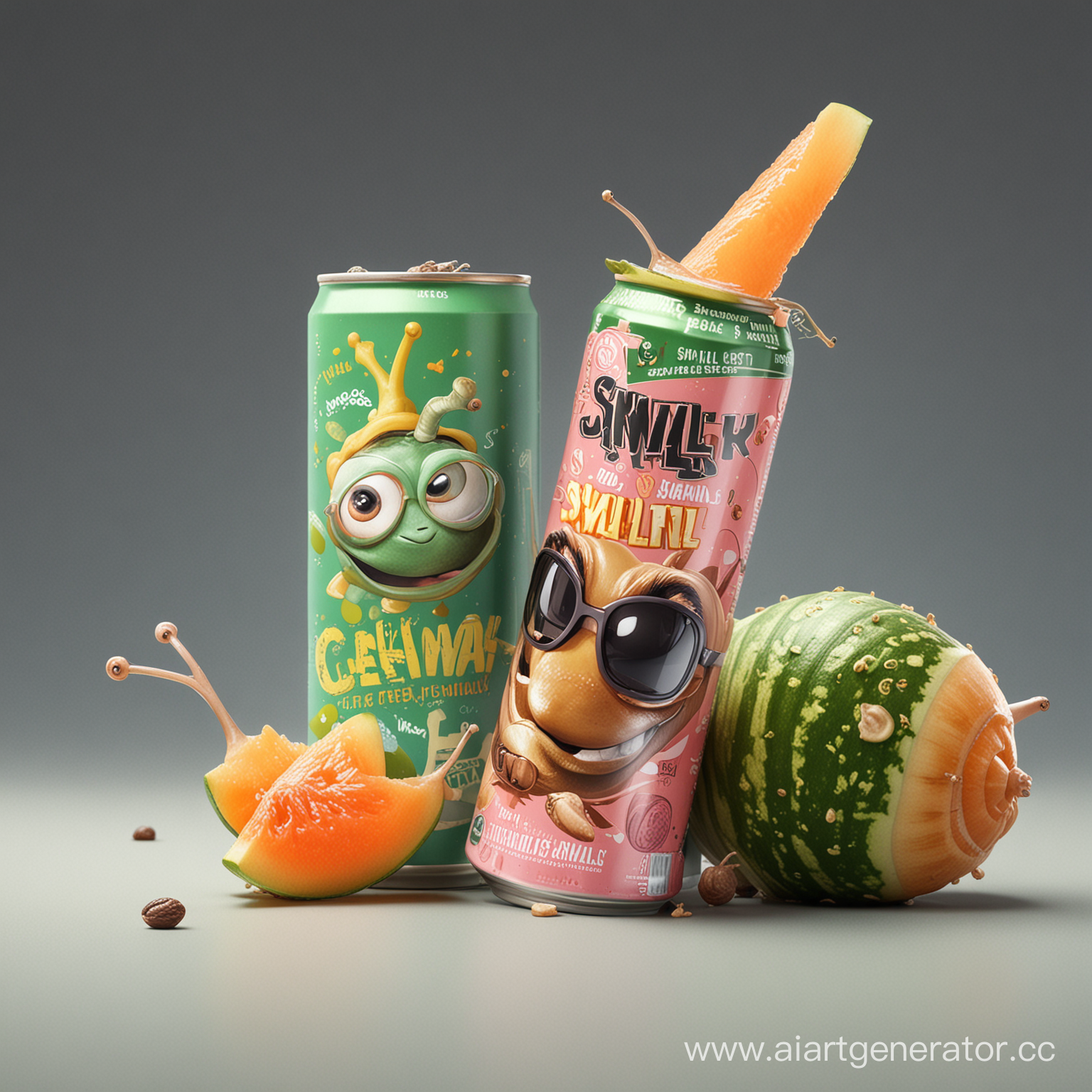 Дизайн жестяной банки энергетического напитка snail cocktails, на котором нарисована мультяшная улитка в солнцезащитных очках, сидящая на ракете. Напиток со вкусом дыни и персика