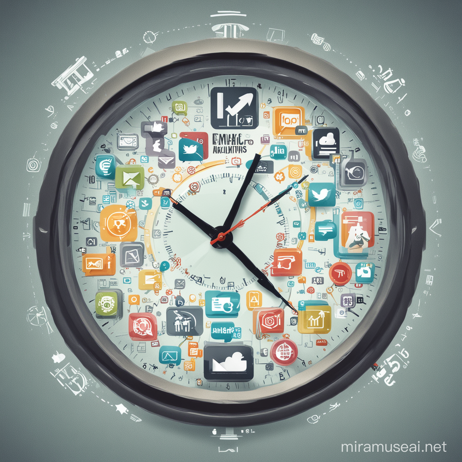 "Una ilustración de un reloj digital y varios íconos de marketing digital como correos electrónicos, redes sociales y análisis web girando alrededor del reloj, simbolizando la eficiencia y el ahorro de tiempo gracias al marketing automatizado."