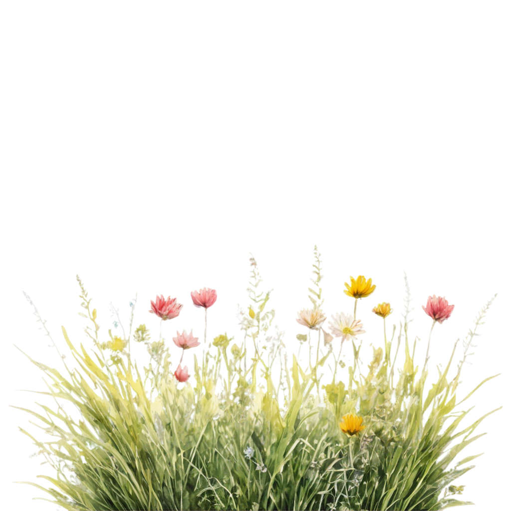 watercolour wild flowers with grass, PNG format transparent background style: watercolour