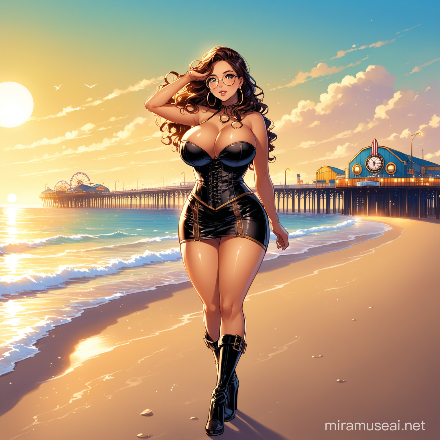 Mysterious Transformation Seductive Woman in Latex Corset Strolling by Santa Monica Pier