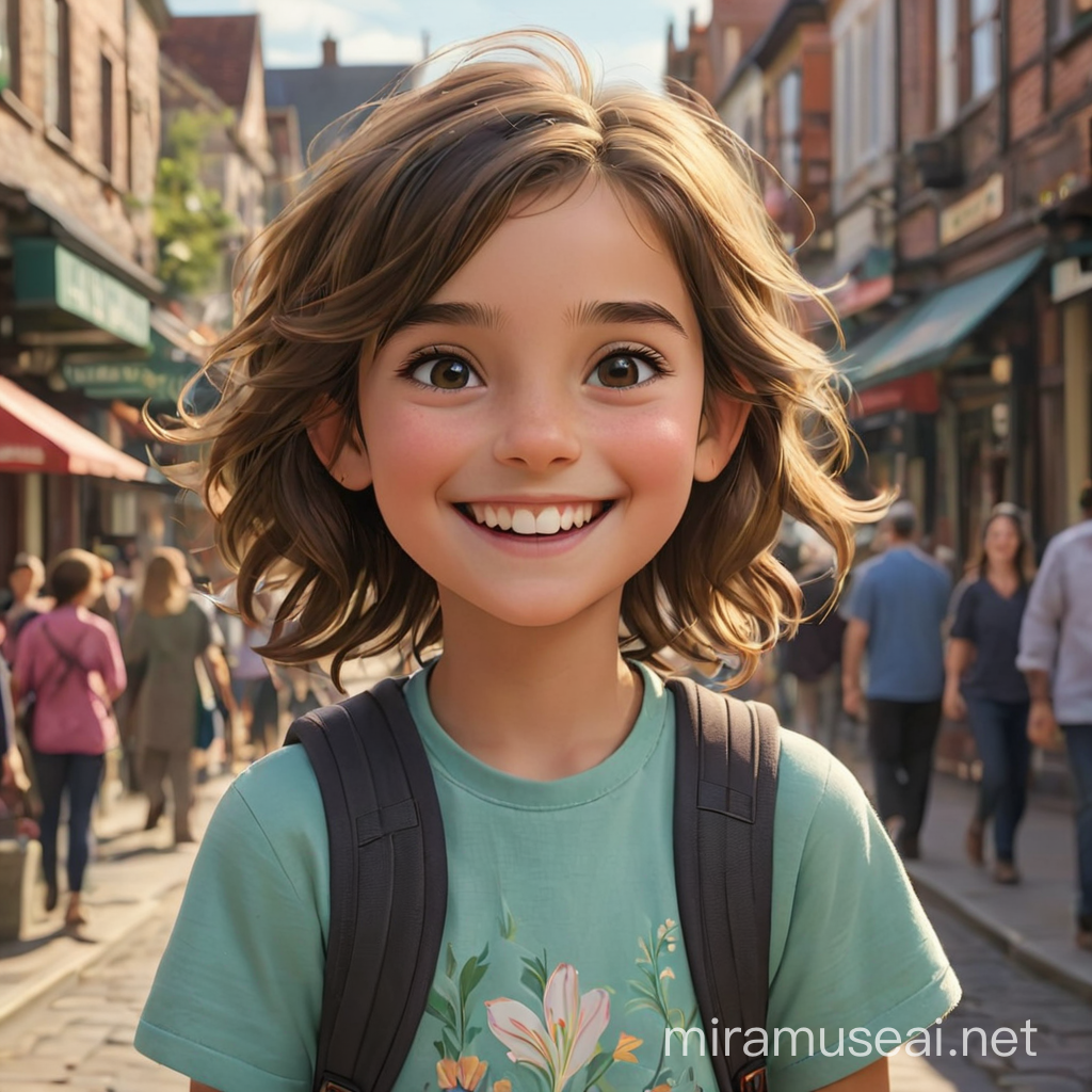 Young girl named Lilly in a bustling town smiling 