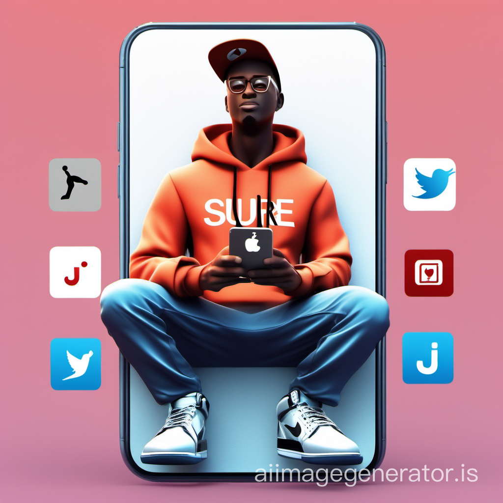 Create a 3D illustration of an animated male character sitting casually on top of a social media logo "App name". The male character must wear casual Air Jordan Brand clothing such as sport pants, t-shirt and sneakers shoes. The background of the image is a social media profile page with a user name "Your name" and a profile picture that matches the animated character. Make sure the text is not misspelled.