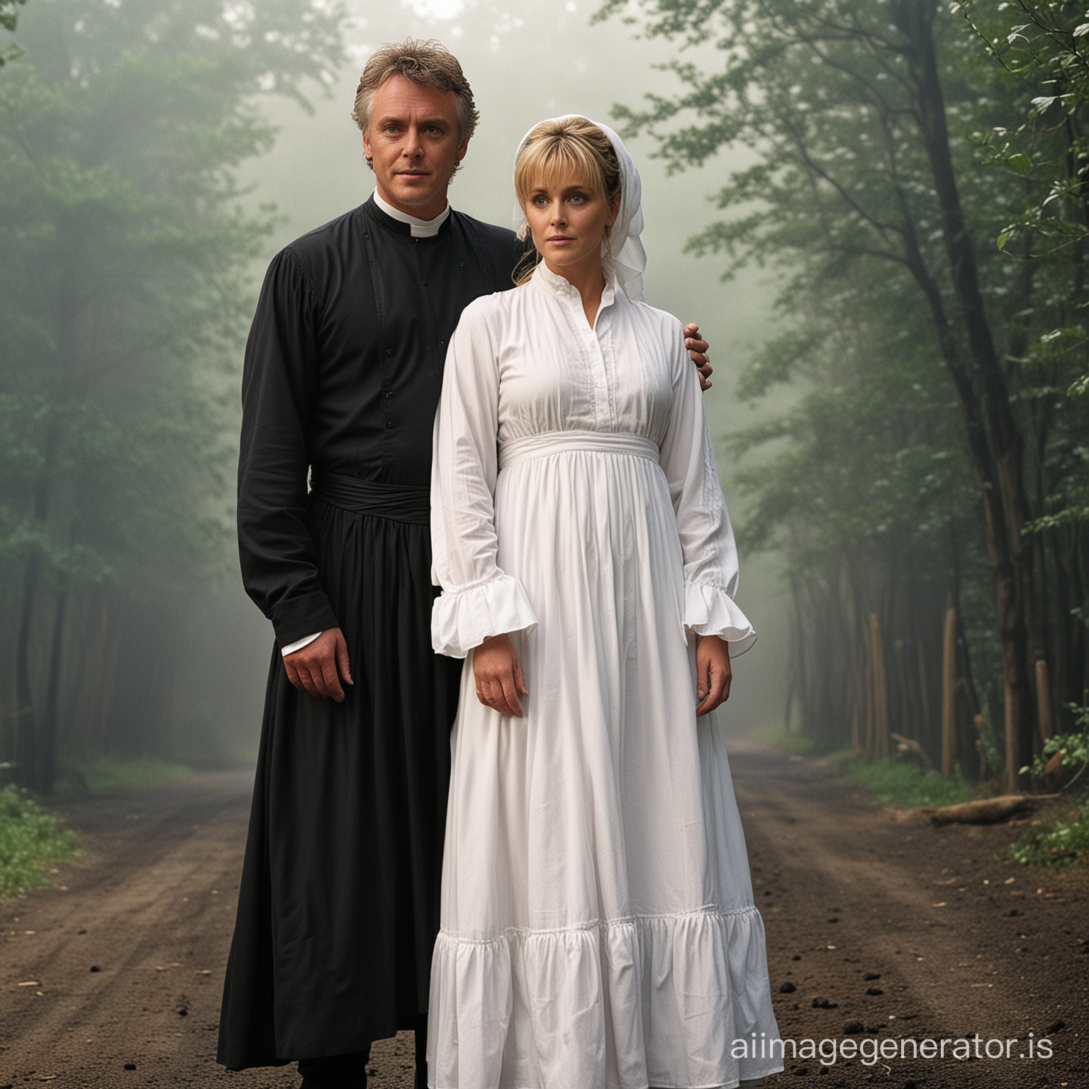 Amanda Tapping as Samantha Carter from SG1 , dressed and head covered as a prim and proper amish wife , in a billowing black floor-length traditional dress with a white apron curtseying demurely in front of her 70 years old husband
