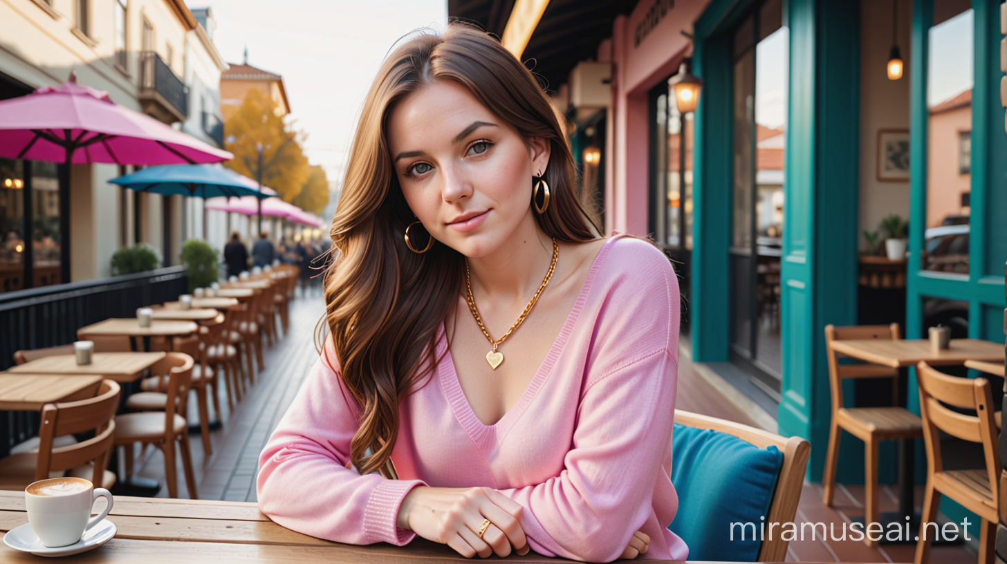 Young Woman Relaxing at Urban Caf with Pink Sweater and Gold Necklace