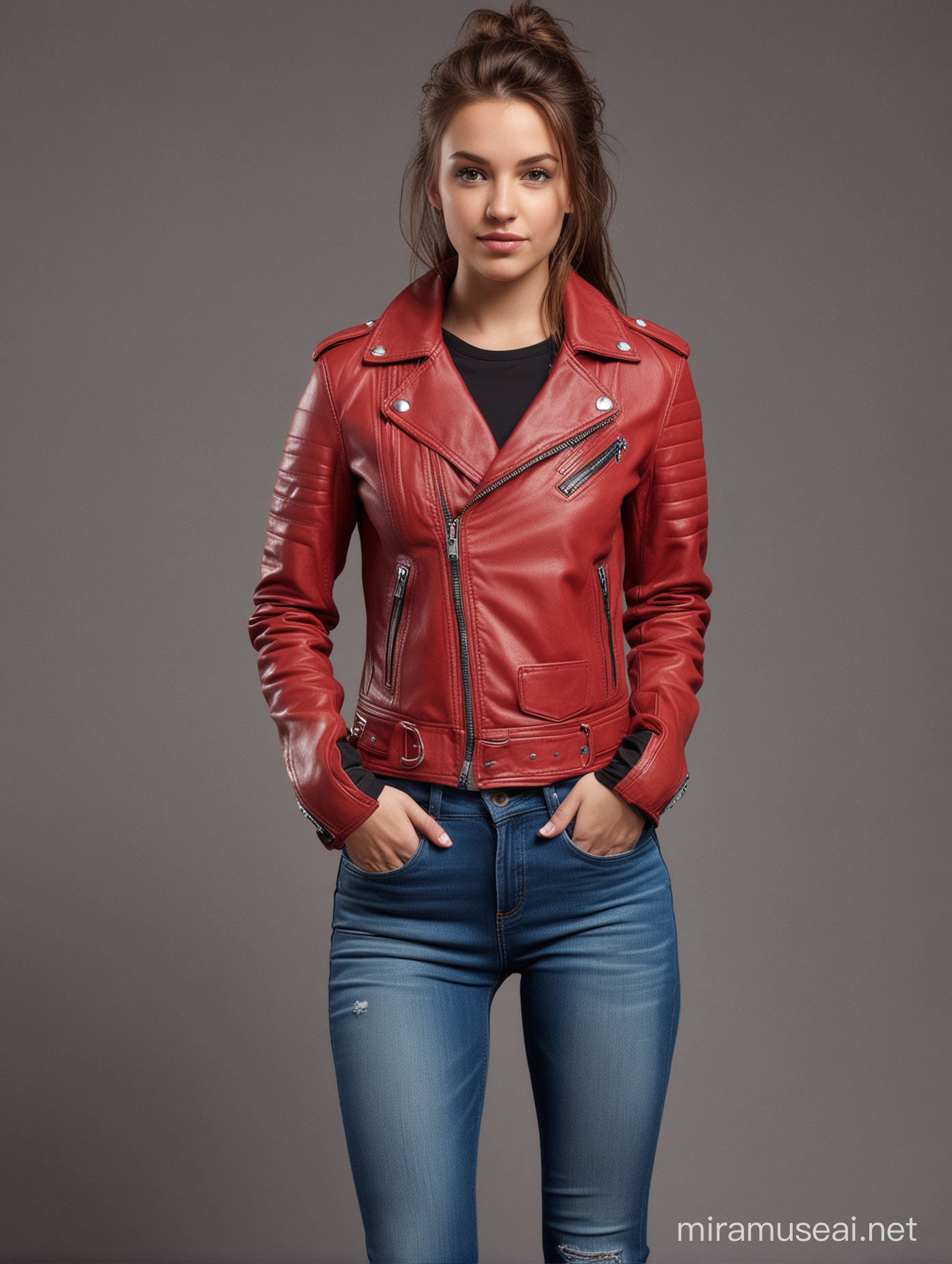 23 yo american woman, brown hair,red leather jacket,black scoop neck t-shirt,blue fitted jeans,biker gloves