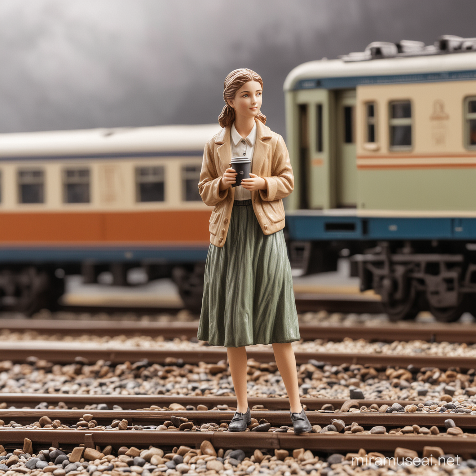 figurine of a young WOMEN with a coffee in hand in front of a train

