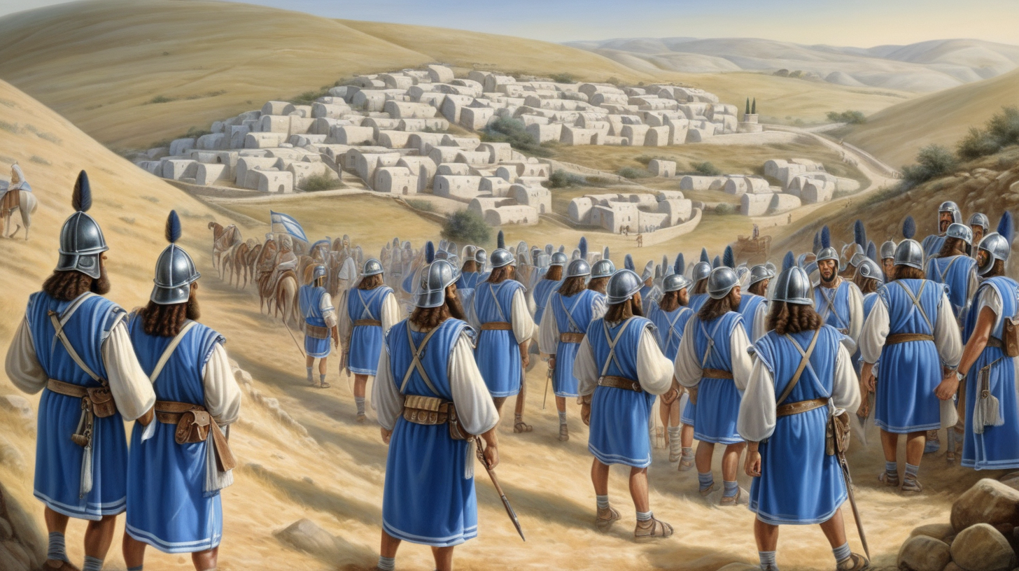 epoque biblique, tout en haut de la colline campe l'armée des hébreux habillés en bleu et blanc, tout en bas de la colline des villages, au matin