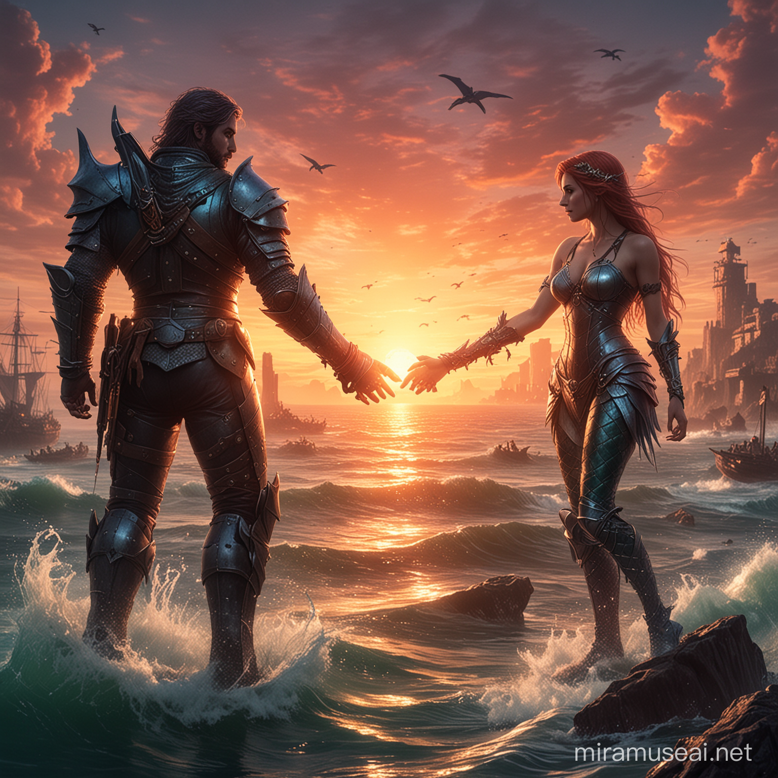 A mermaid and a video game knight, they are holding hands, they are taking in an apocalyptic sunset