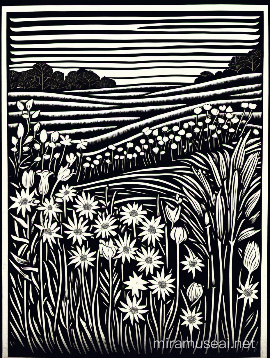 Diverse Floral Meadow Linocut Artwork