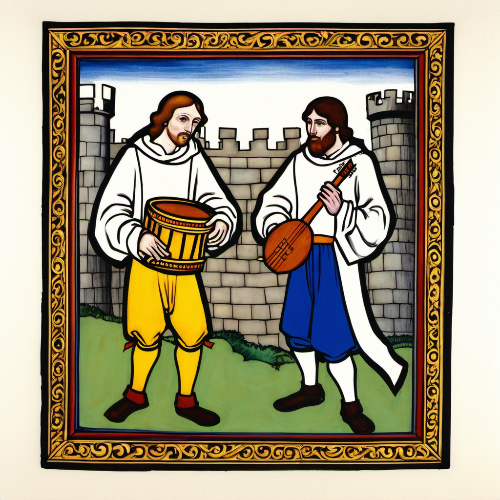 Codex Manesse: A framed Painting of two Men with simple, medieval, european Clothing. They wear white Hoods, like Coifs. The man on the left plays a drum. He has brown hair and a Beard. He wears a white linnen Shirt and a Blue sleevless Vest.
The man on the right plays a Lute. He has darkbrown and curly Hair. A white linnen Shirt and yellow Pants.
In the Background is a ruined castle. There is a white Wolf next to them.
