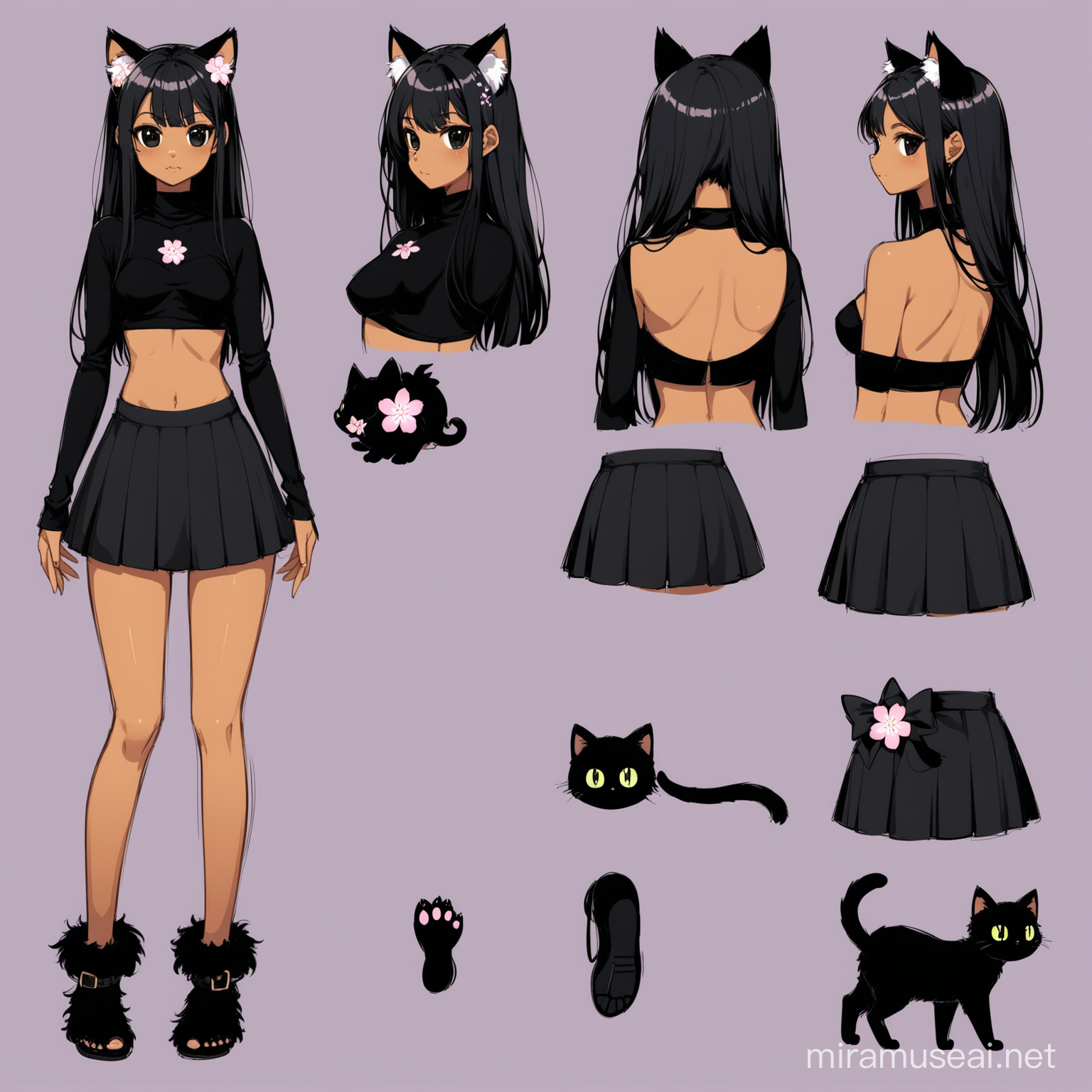 bare vtuber character reference sheet, female, long legs, adult appearance, small waist, flat small chest, long hair, fluffy cat ears, Spirit Blossom style, brown skin, black hair, cat tail with bow on it, black skirt, balck cat paw shoes, black eyes, black crop top with small cleavage, turtle neck long sleeves