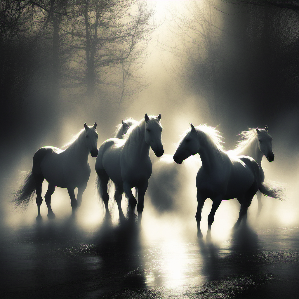 And came to the horses. There, still they stood, But now steaming and glistening under the flow of light,