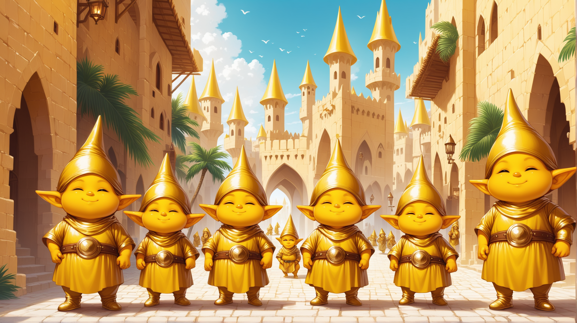 young gold gnomes with yellow skin, gold gnome men and women with yellow skin, tropical Arabic city, Medieval fantasy