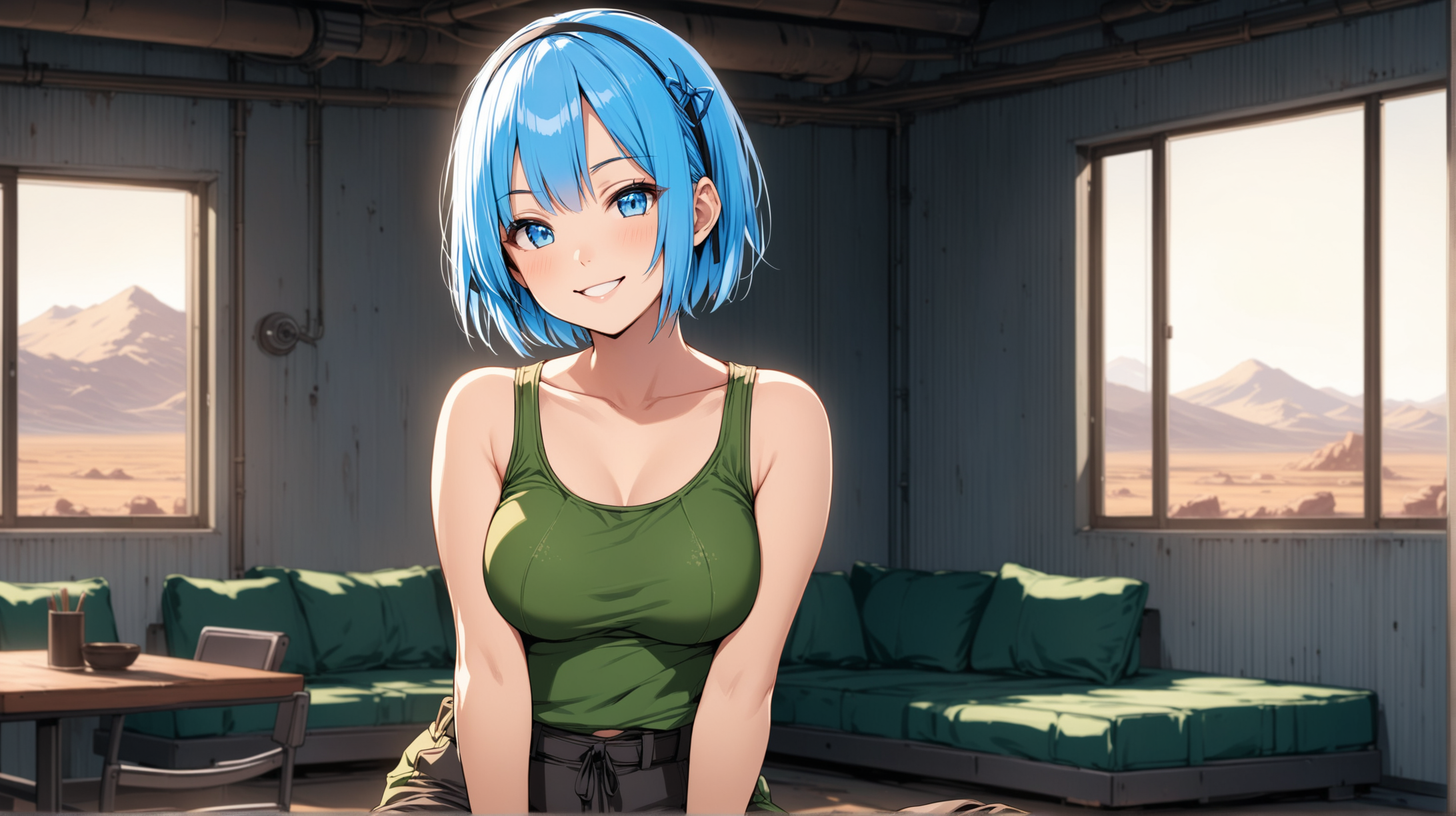 Draw the character Rem, high quality, in a relaxed pose, indoors, wearing an outfit inspired from the Fallout series, smiling at the viewer