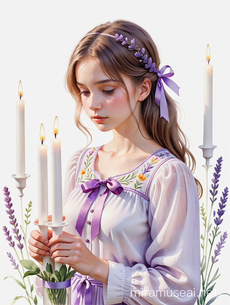 Girl with Lavender Candle and Wildflowers in Embroidered Blouse