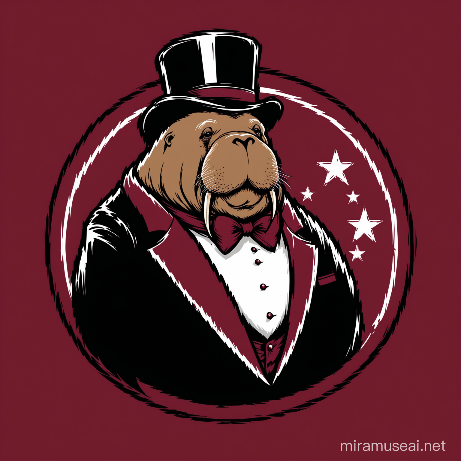logo of a political walrus with a top hat. color scheme of black and maroon.