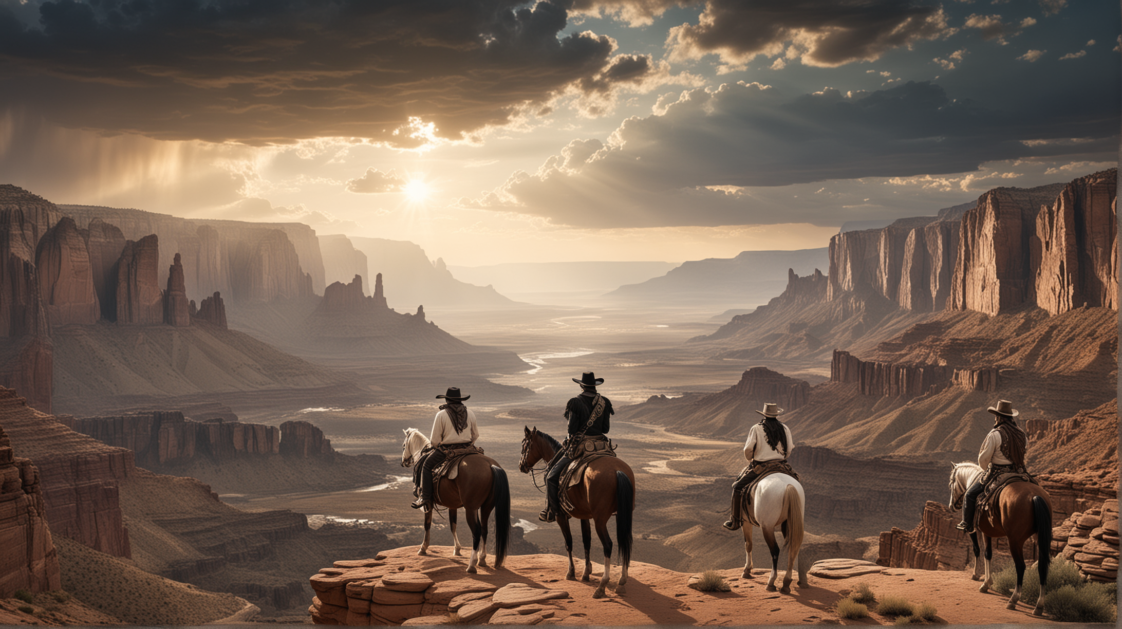 The Lone Ranger and Tonto are sitting on their horses at the edge of a cliff, looking over a vast western landscape of canyons and distant mountains, dramatic sky.
