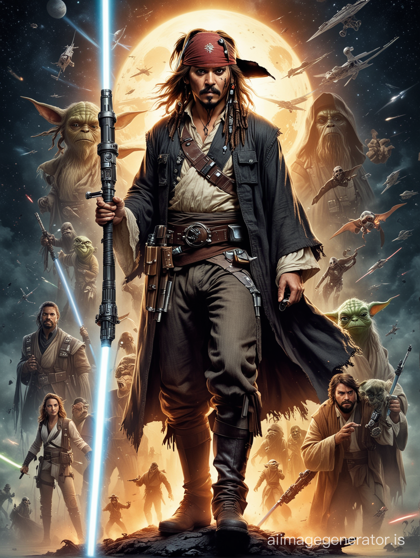 (Star Wars movie poster). Capitan jack Sparrow pogo stick with a light saber. Background Star Wars space ship battle, Death-Star, Yoda, Darth Vader, Millennium Falcon