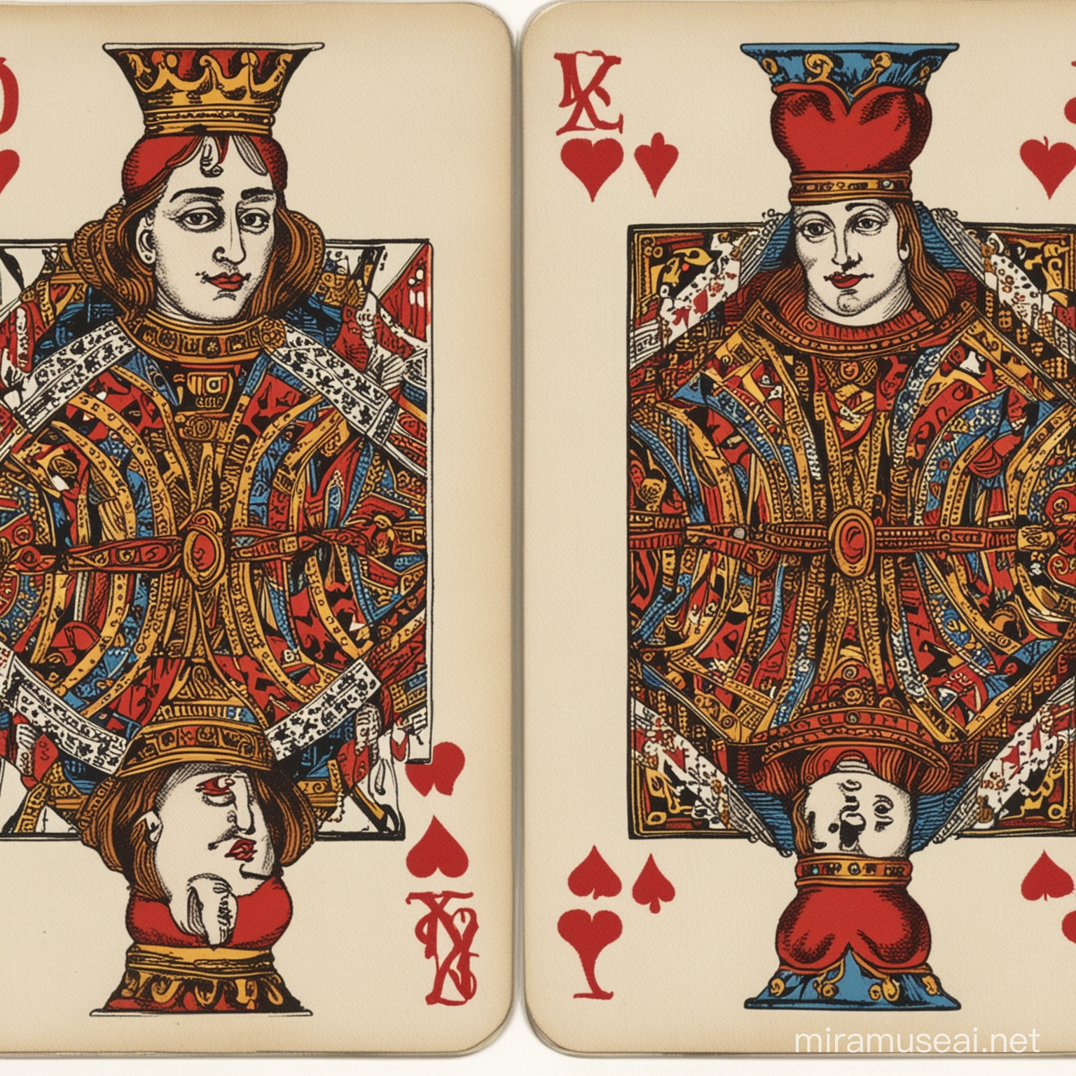 playing card, top half king of hearts, bottom half queen of hearts, colorful