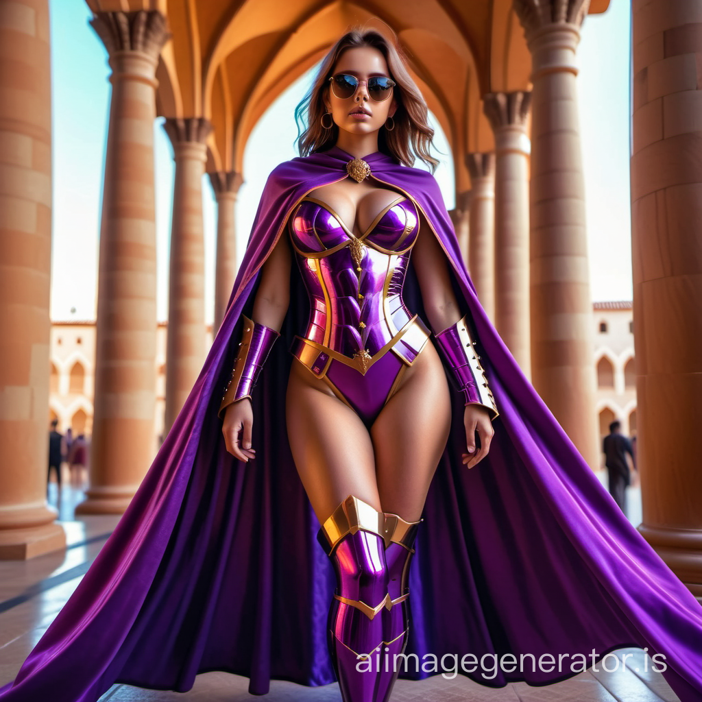 hot realistic girl in a royal revealing low cut purple armour wearing a cape and show legs a pair of sunglasses  wide angle vivid  color 