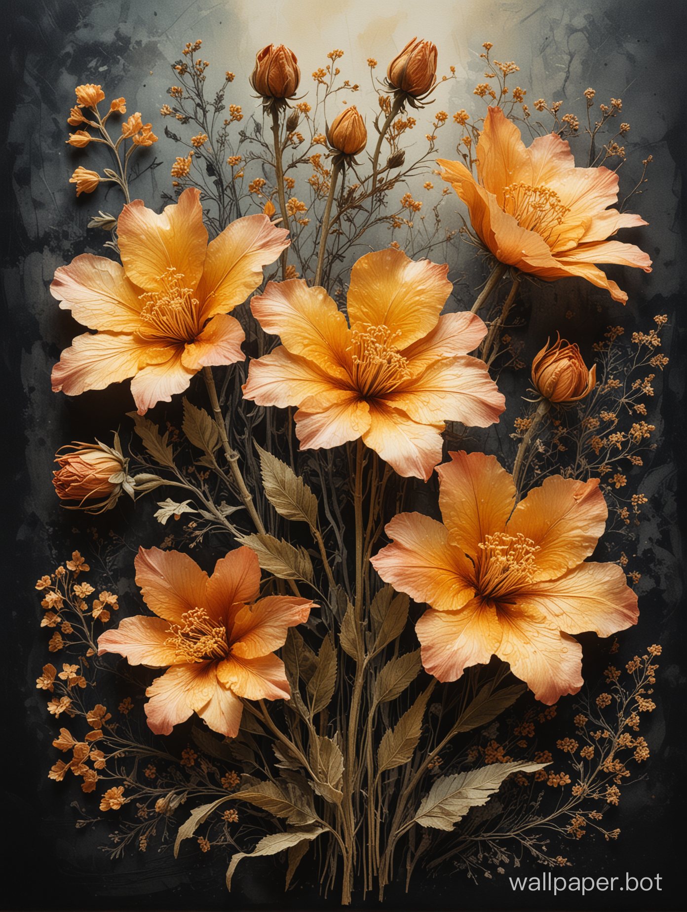 Watercolor depiction of pressed flowers, magnified with visible, intricate veins, arranged gently upon vintage-toned, textured paper, soft shadows caressing each bloom, backlighting imitates a setting sun's warmth, golden hour for atmosphere, combining neon ambiance, abstract elements of black oil with gear mecha, rendered with detailed acrylic and a touch of grunge for intricate complexity, all elements synthesized in ultra-fine