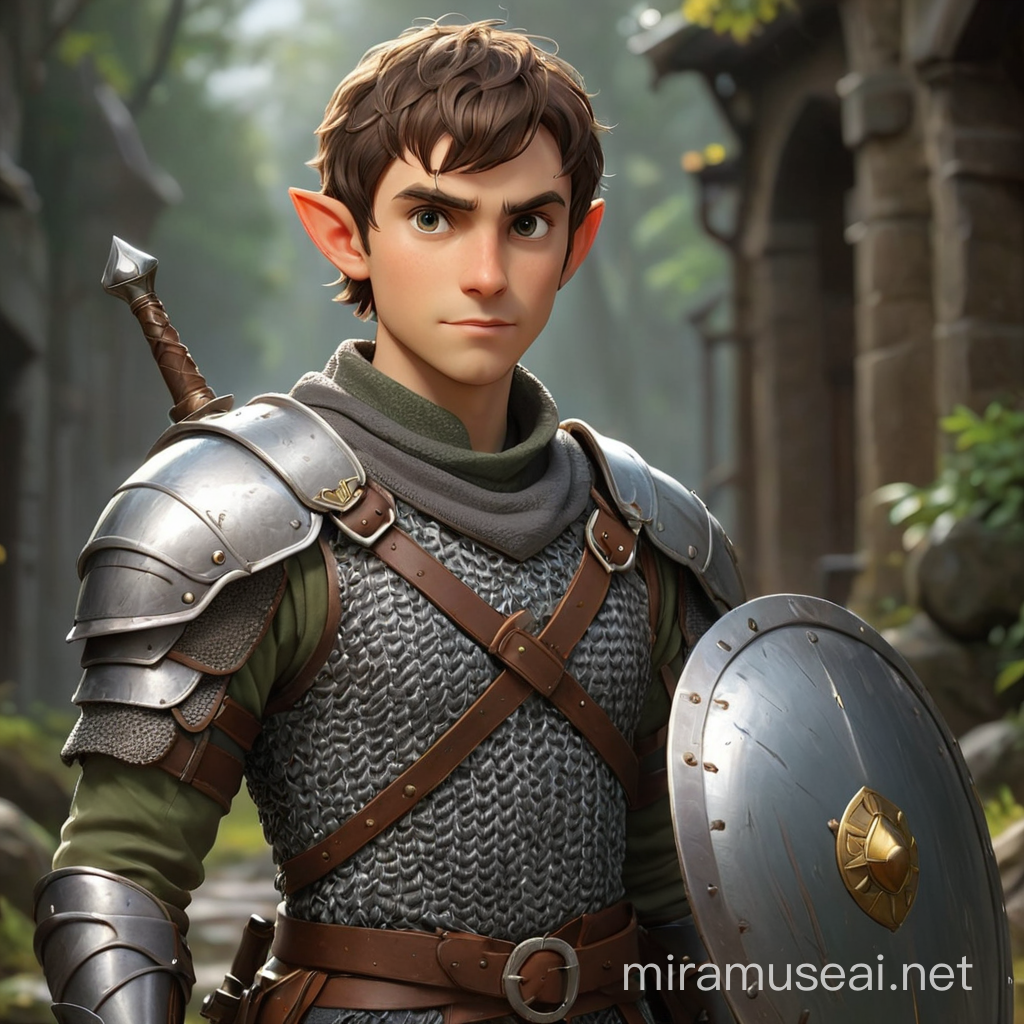 Friendly male Half-elf, short hair,  wearing chainmail armor, wielding a shield, staff behind his back