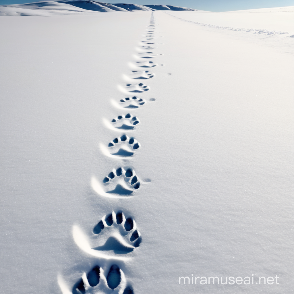 a long line of a wolfs footprints in the snow gradually getting closer and eventually side by side of a line of those of a human.