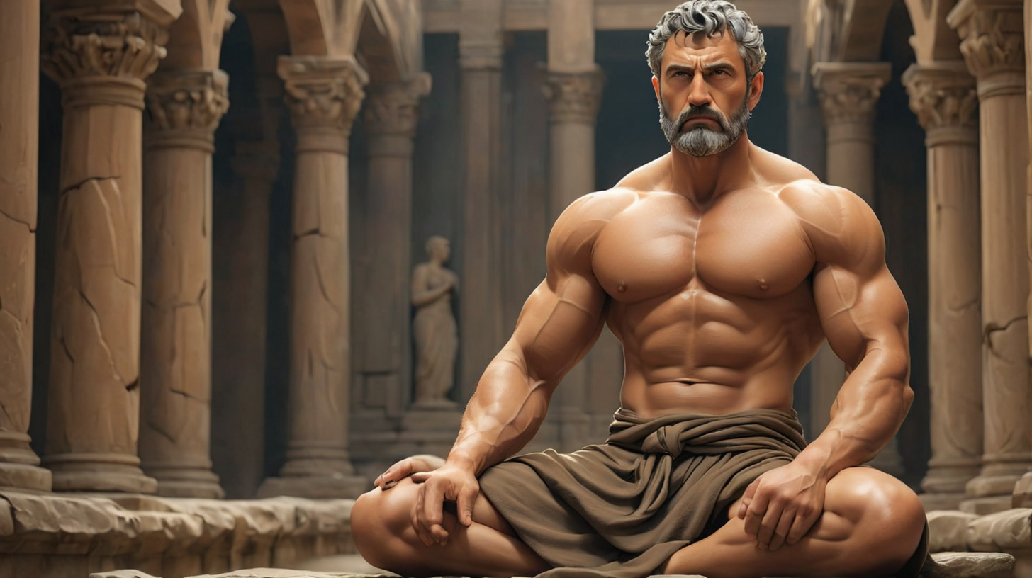 stoic philosopher, muscular bodys, meditating 