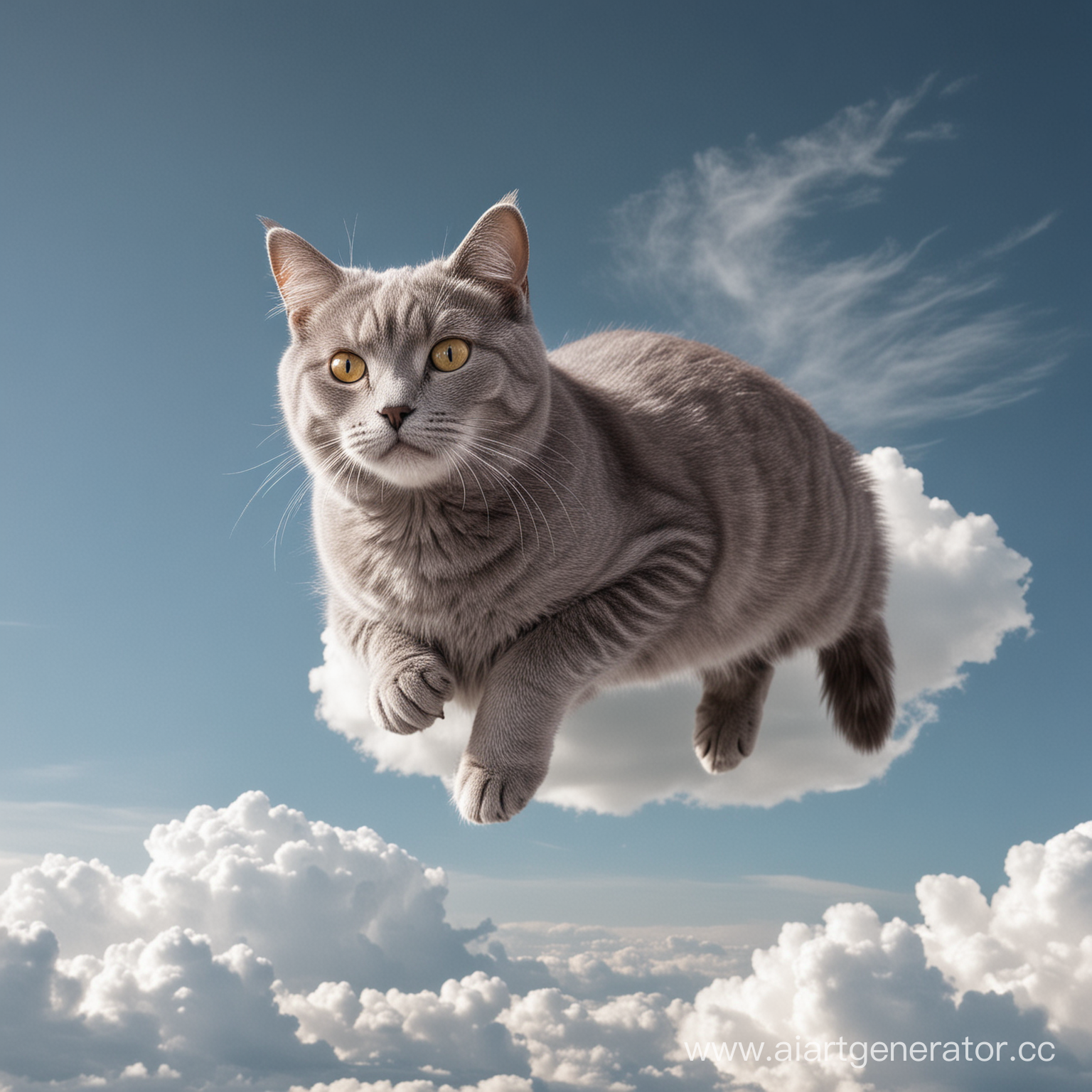 серая кошка лежит на облаке в воздухе