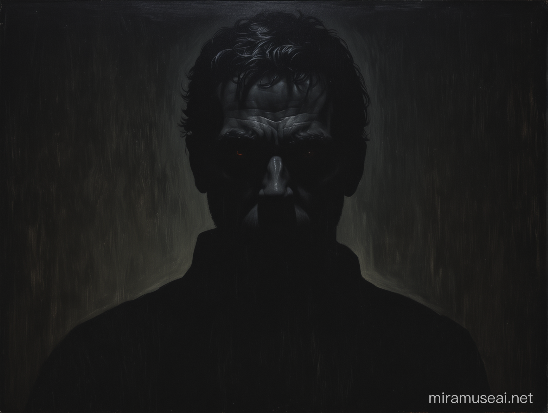 una pintura con la silueta de un rostro de un hombre con la mirada siniestra y maligna enuna habitación oscura en la noche