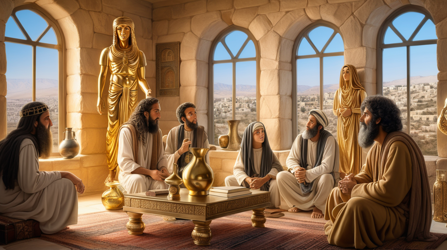 epoque biblique, dans une maison hébreu antique, une famille d'afgans idolatre dans le salon, au milieu du salon de grandes idoles en or, grande fenêtre avec vue sur la ville hébreu antique, beaux visages