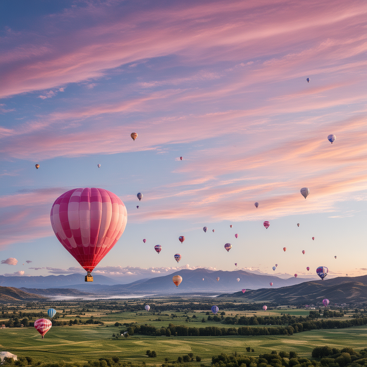 Hot air balloon comprised of lots of small pink and white ballons, the pink balloons in different shades of pink. A bright blue sky and some white streamed clouds in the background, and green grass hills below 