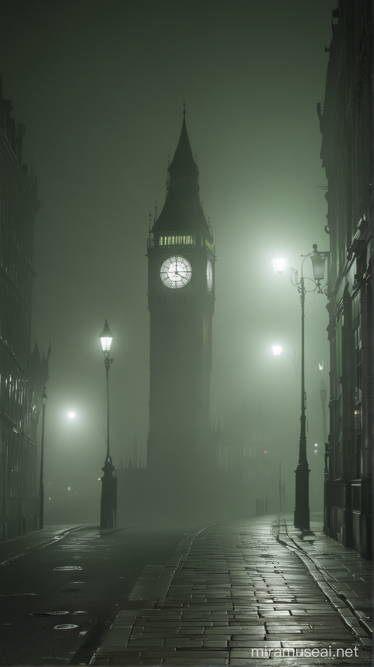 a spooky and dark street at night in the 90's london, almost completely covered with fog and a subtle green glow, with the big ben in the background
