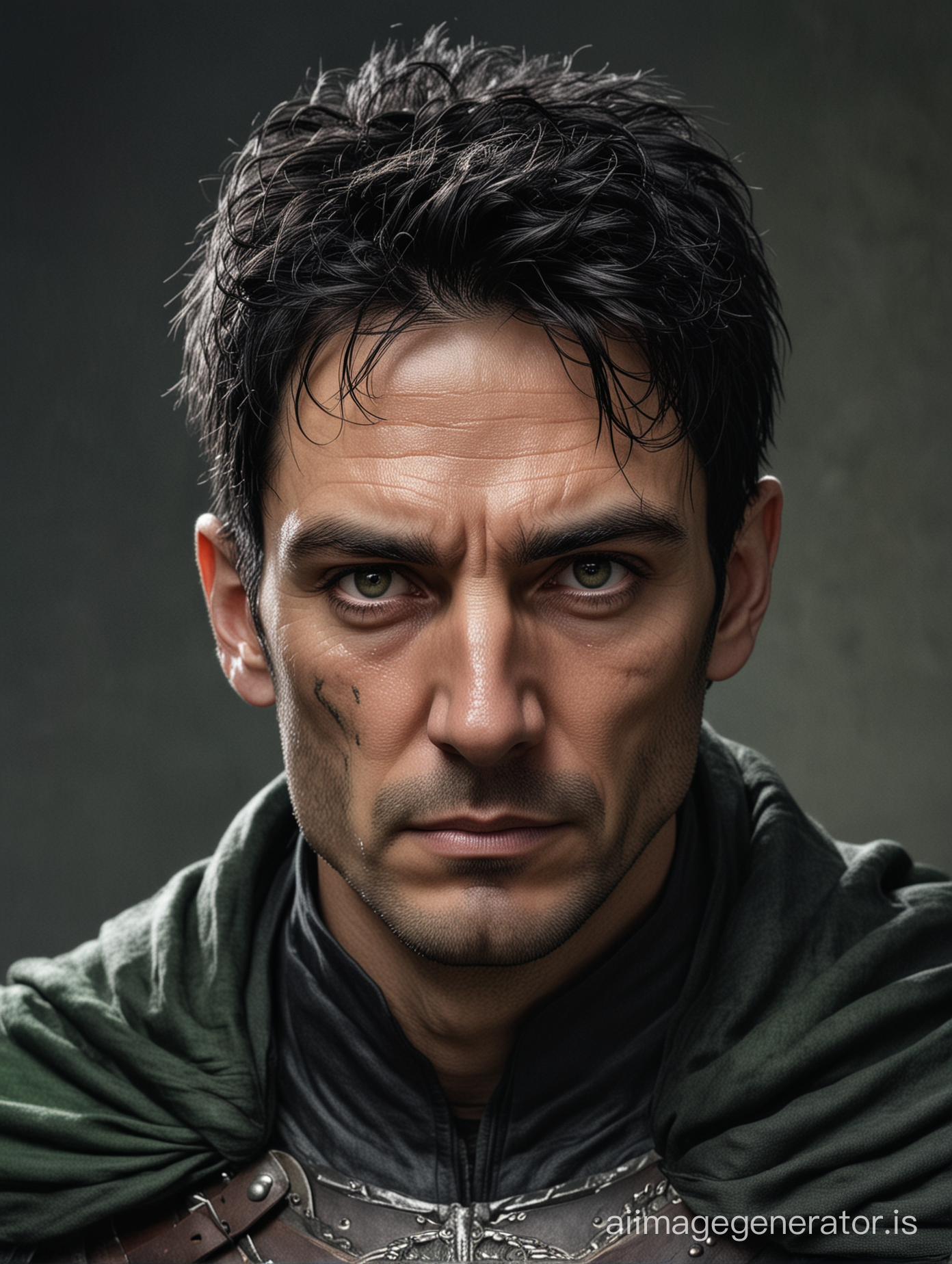 A man of about 40. Black hair. Face with fine wrinkles. Eyes are green. gloomy face. There is a small scar on the right cheek. Dressed in a dark black cloak under which armor is visible. Stubble on his face.