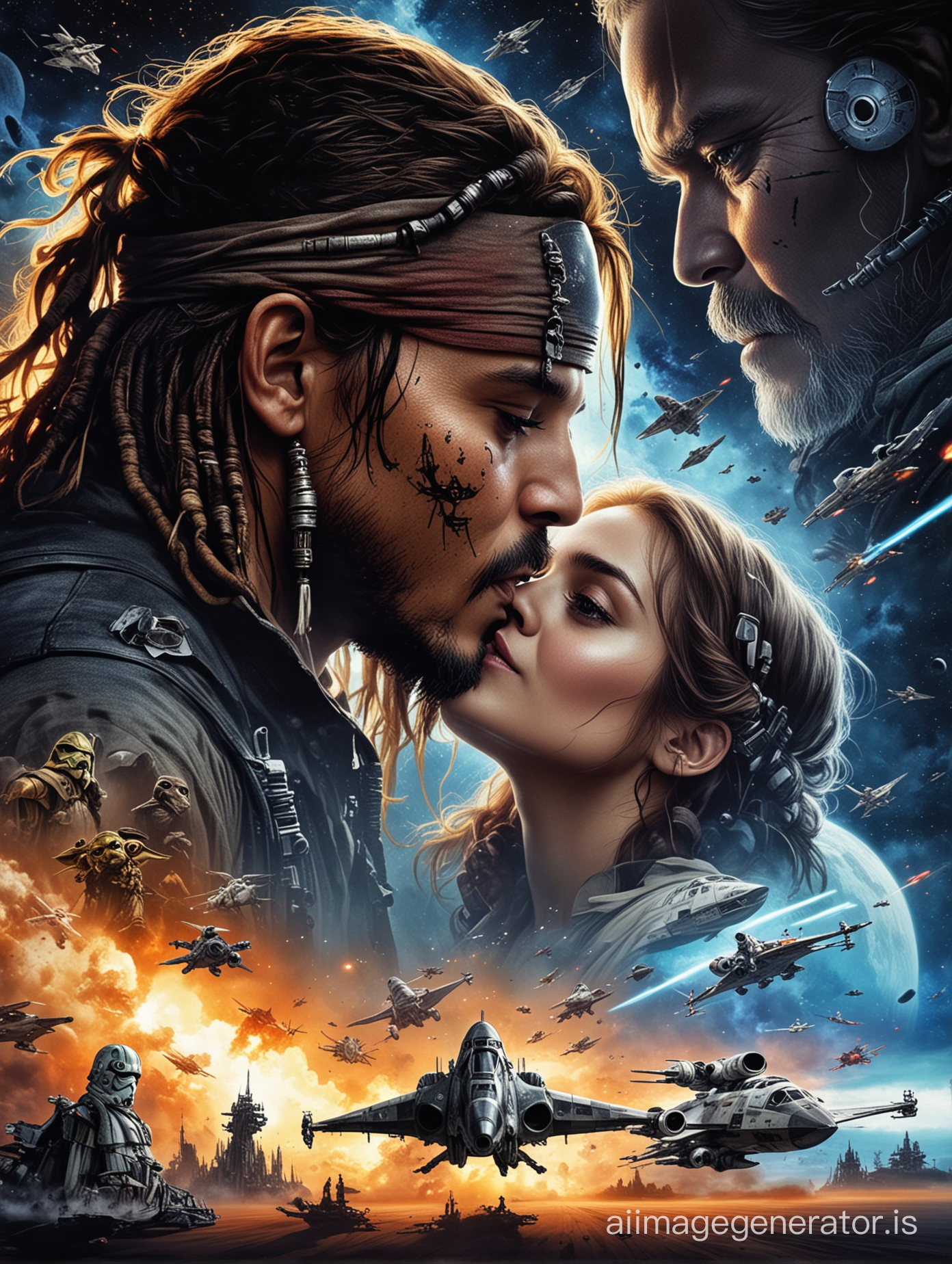 (Star Wars movie poster). Capitan Jack Sparrow kissing CP-3O. Background Star Wars space ship battle, Death-Star, Yoda, Darth Vader, Millennium Falcon