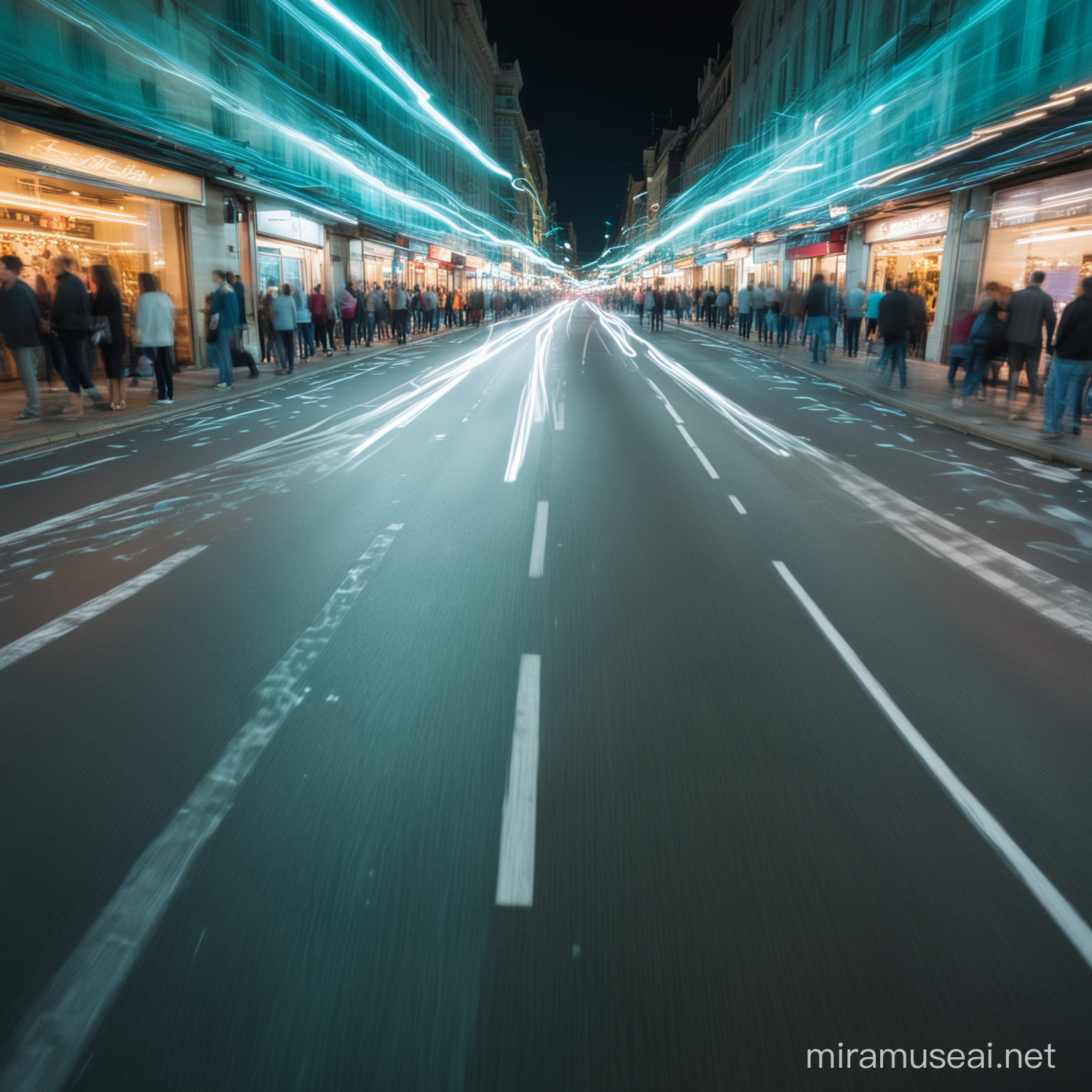 Bustling City Street at Night Captured with Motion Blur and Turquoise Lighting