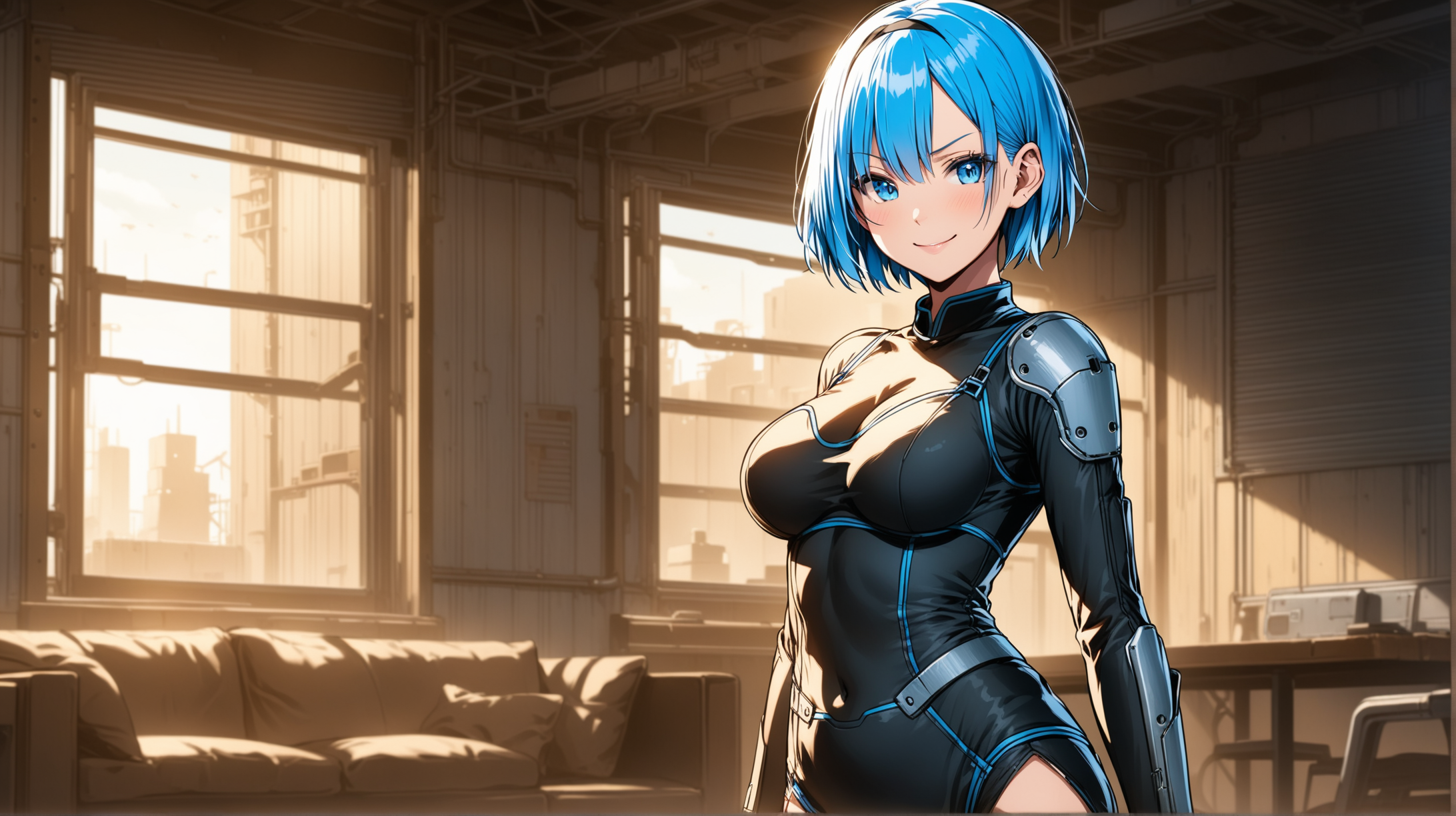 Draw the character Rem, high quality, in a confident pose, indoors, wearing an outfit inspired from the Fallout series, smiling at the viewer