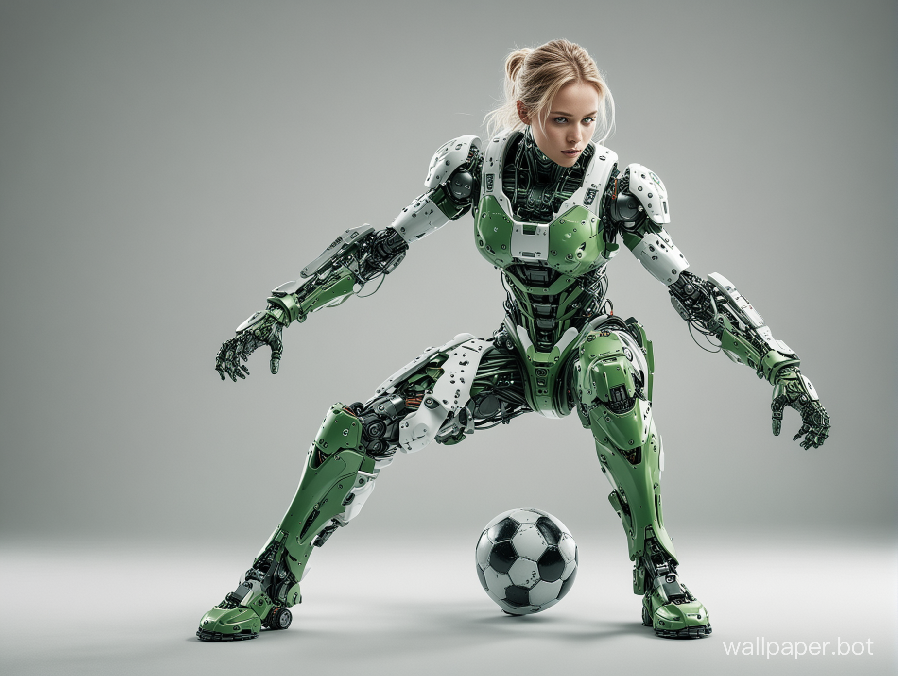 Соккер фантастическое изображение фото шедевр 20к  белый фон невероятная борьба стиль робототех одежда в зеленых тонах