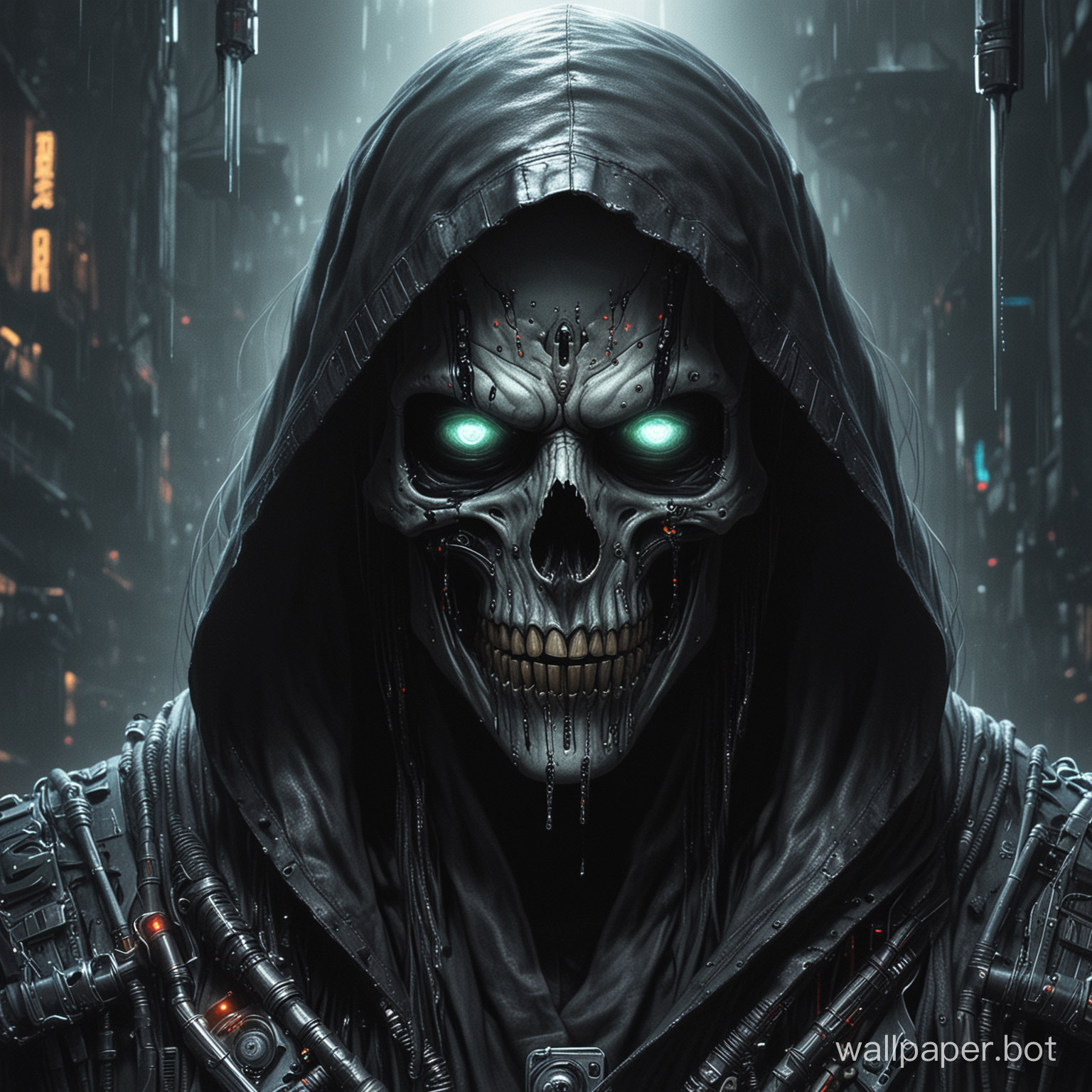 cyberpunk, grim reaper, large sicle,evil looking eyes,